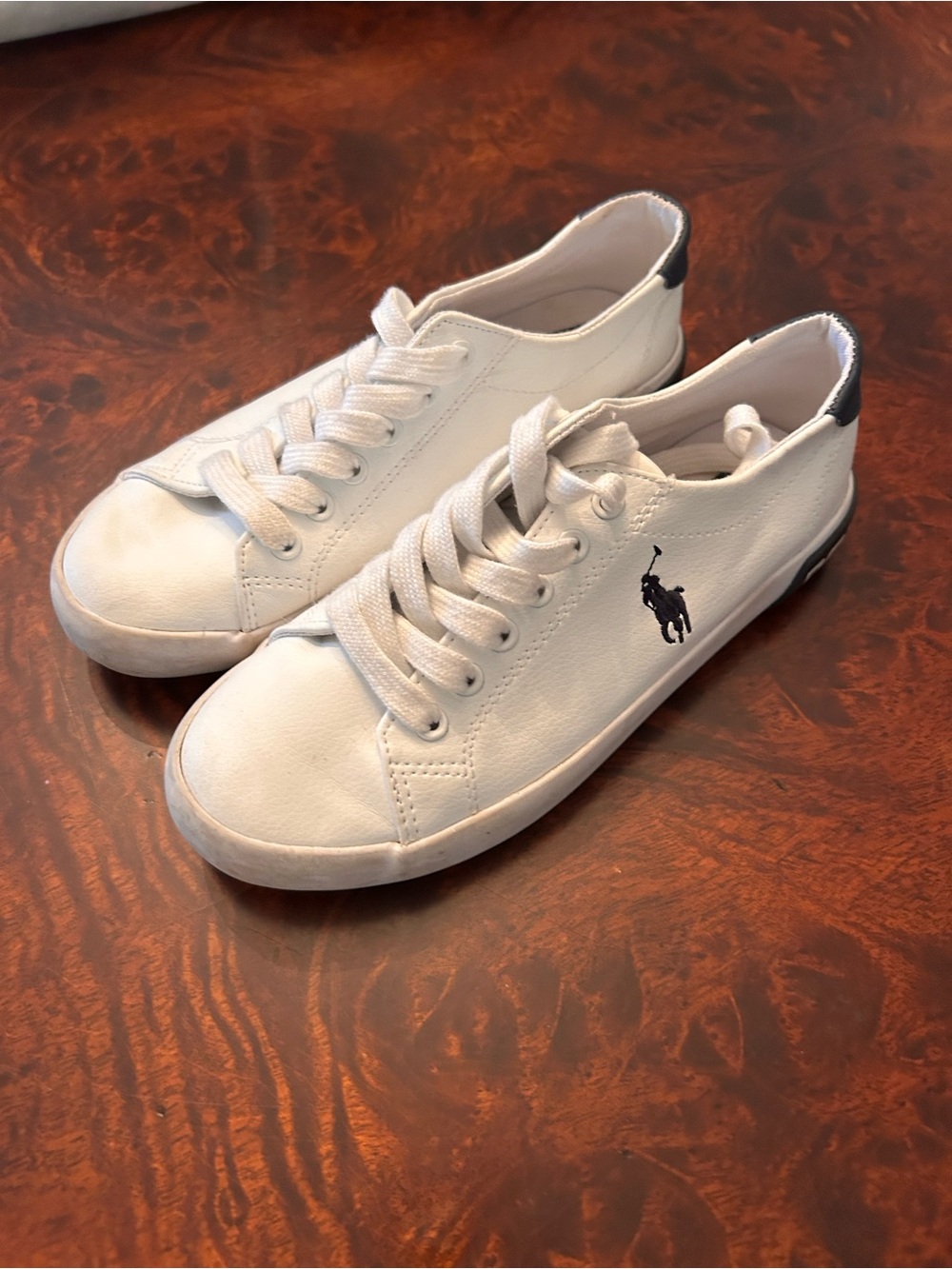 Polo Ralph Lauren Kids White Theron V Sneakers Navy Embroidered Pony Logo Sz‎ 4
